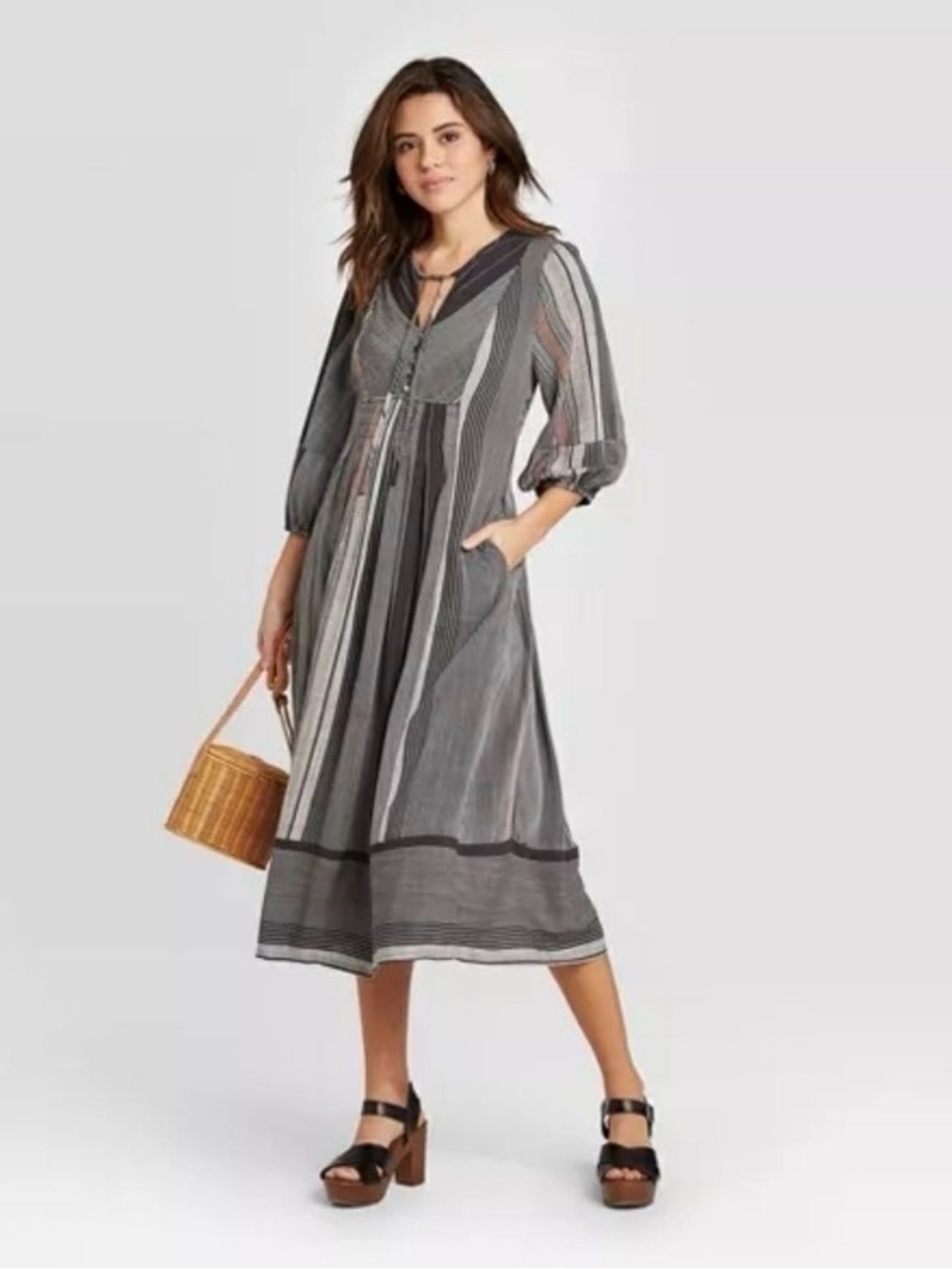 Universal Thread Gray Striped Midi Dress - Lightweight Boho Style